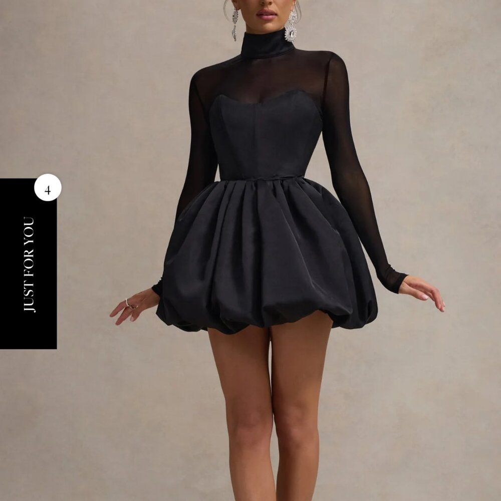 Black Satin High-Neck Mini Dress with Sheer Sleeves